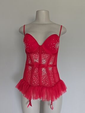 Victoria's Secret red mesh corset w garter straps-34D